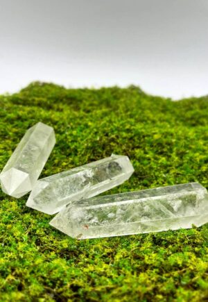 Tres puntas de cuarzo generador transparente sobre musgo